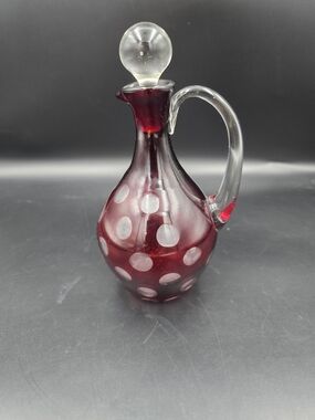Handcrafted Ruby Red Polka Dot Glass Cruet with Clear Handle and Stopper